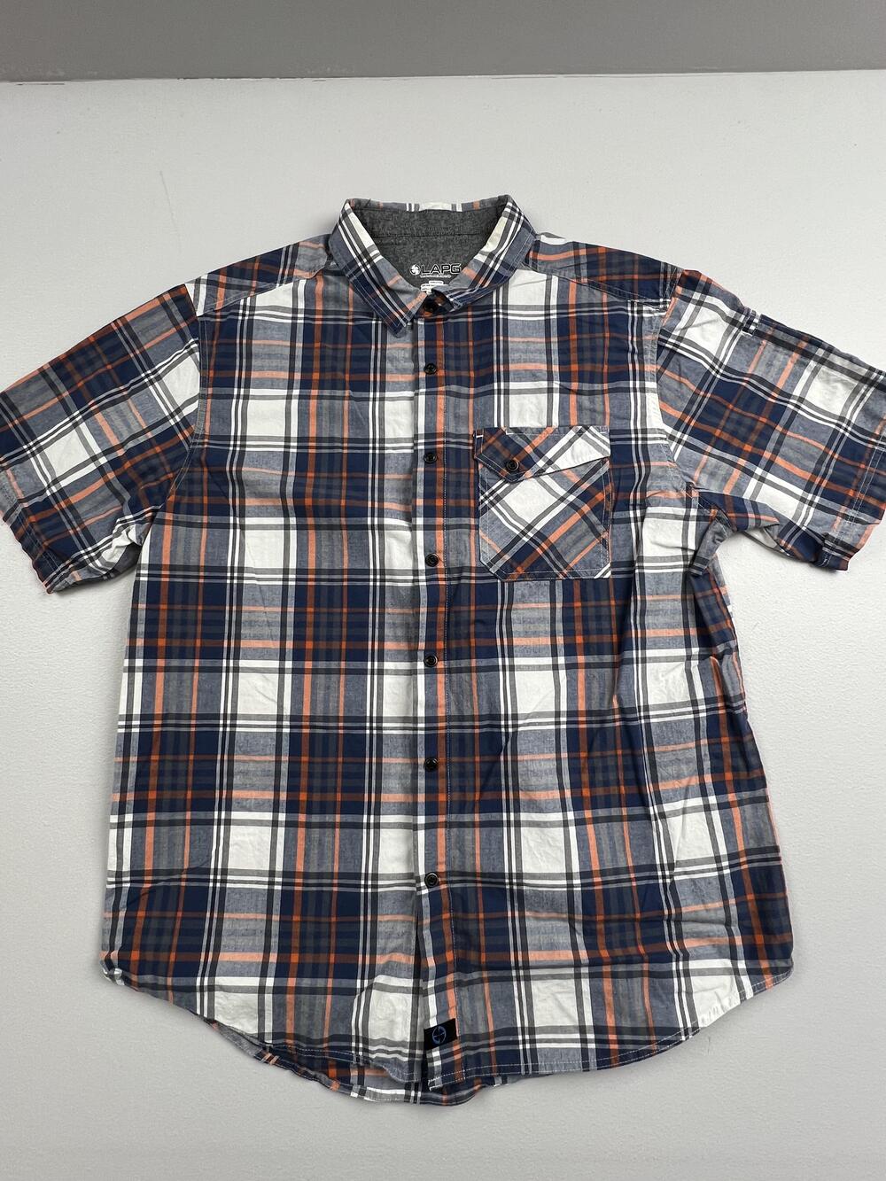 LAPG Terrain Shirt Mens Large Blue Plaid Short Sleeve Button Up Casual Cotton